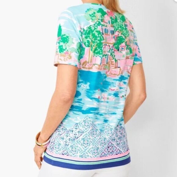 TALBOTS Scenic Mediterranean Tee Short Sleeve Crewneck Blue Pink - Picture 2 of 16